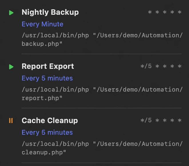 MyCronjob job list with three neutral example jobs
