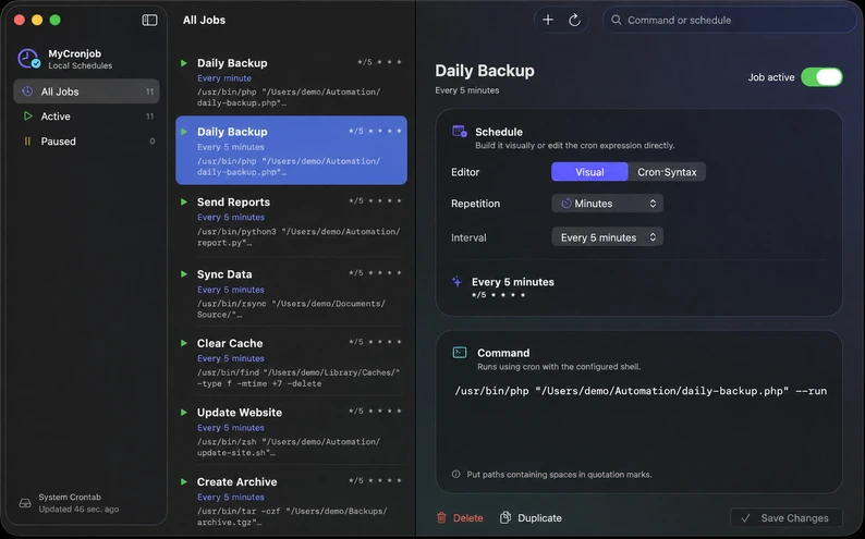 MyCronjob interface with named example jobs, a visual schedule, and the command editor