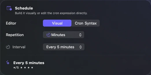 MyCronjob visual schedule editor set to a five-minute interval